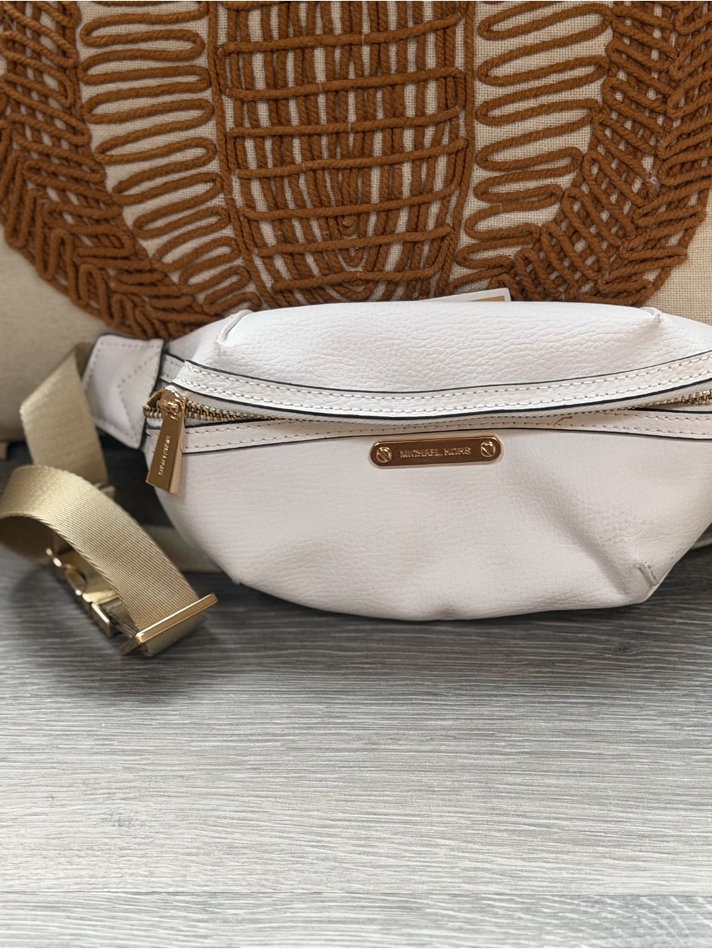 Michael Kors White Leather Crossbody Belt Bag with Gold Hardware